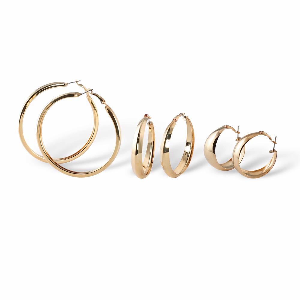 PalmBeach Jewelry Polished 3-Pair Set of Assorted Hoop Earrings in Goldtone (72mm, 58mm and 35mm)