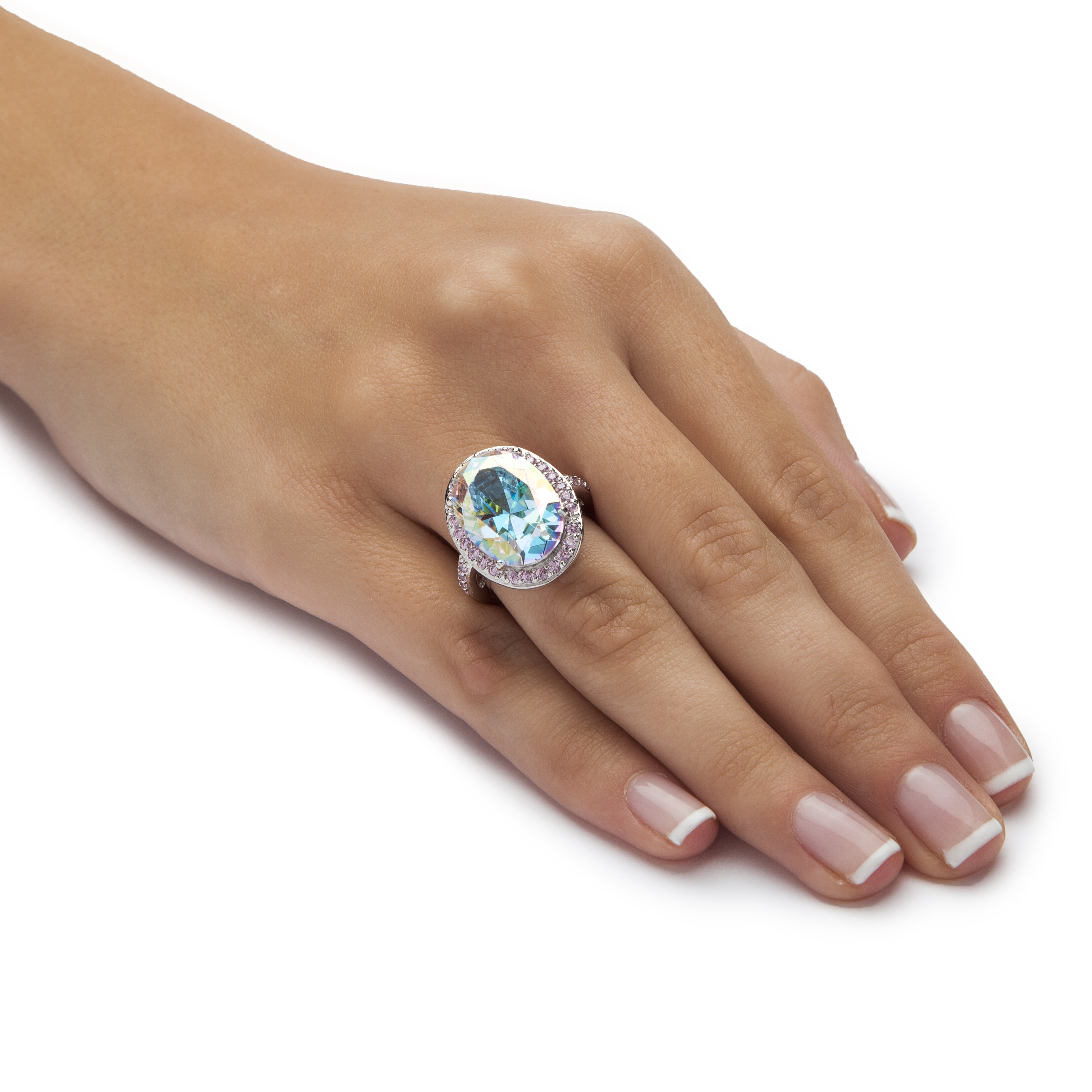 PalmBeach Jewelry 13.57 TCW Oval-Cut Aurora Borealis Cubic Zirconia Pink Cubic Zirconia Accent Silvertone Ring