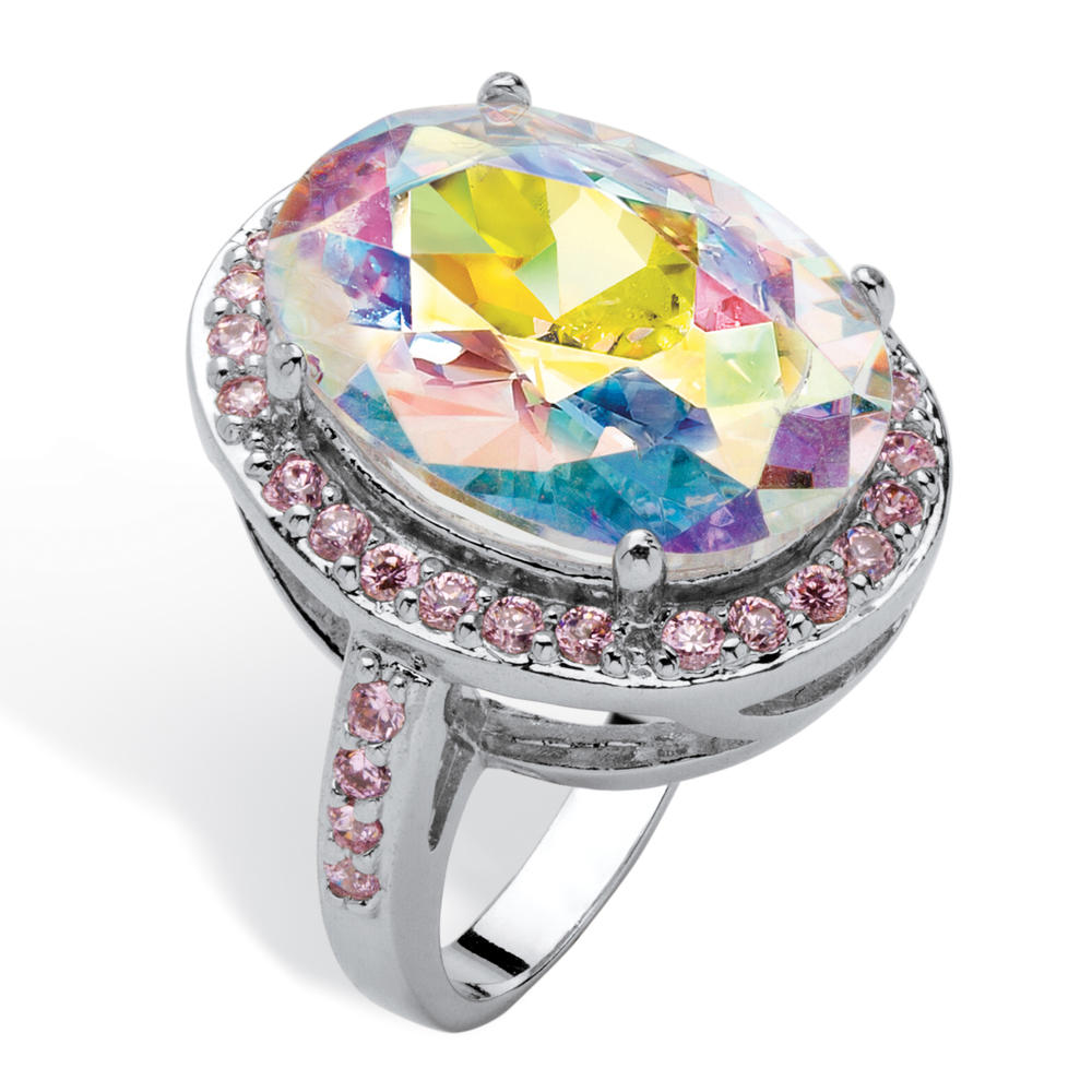 PalmBeach Jewelry 13.57 TCW Oval-Cut Aurora Borealis Cubic Zirconia Pink Cubic Zirconia Accent Silvertone Ring