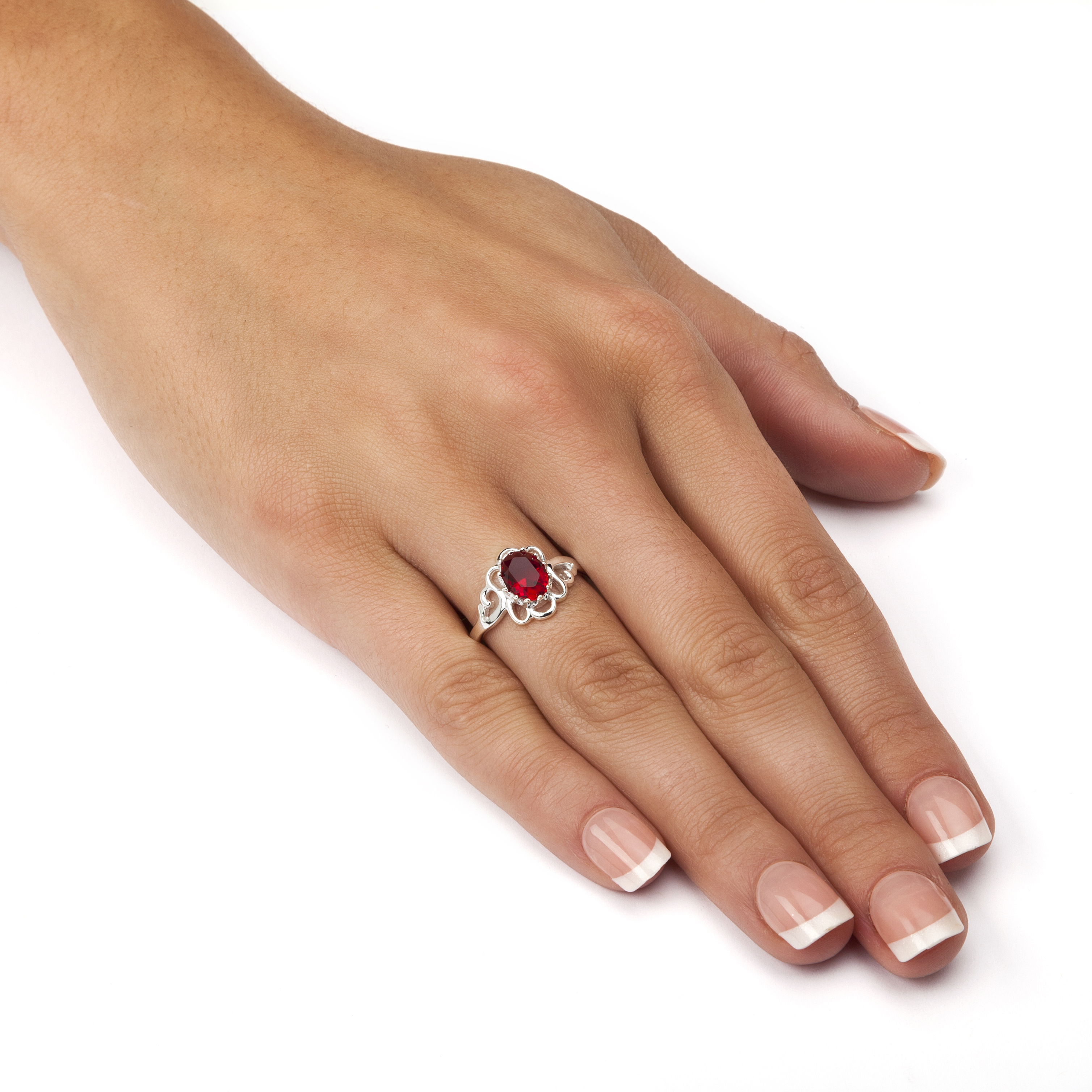 PalmBeach Jewelry Oval-Cut Open Scrollwork Simulated Birthstone Ring in Sterling Silver- July- Simulated Ruby