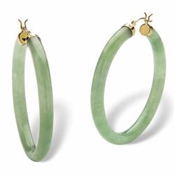 PalmBeach Jewelry Genuine Green Jade 10k Yellow Gold Hoop Earrings (1 3/4")