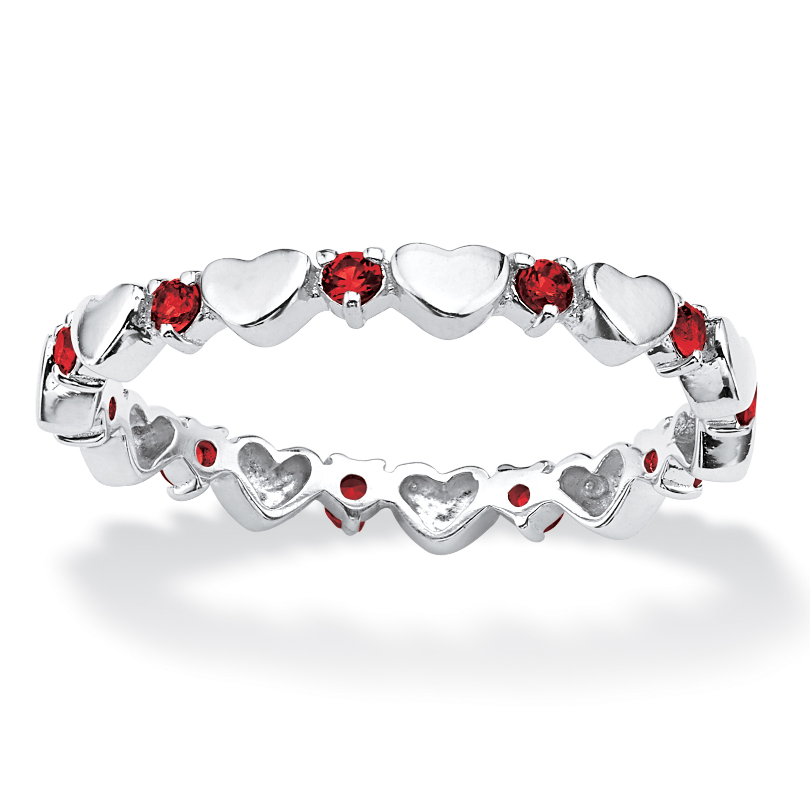PalmBeach Jewelry Simulated Birthstone Interlocking Stackable Eternity Heart Ring in .925 Sterling Silver- July- Simulated Ruby