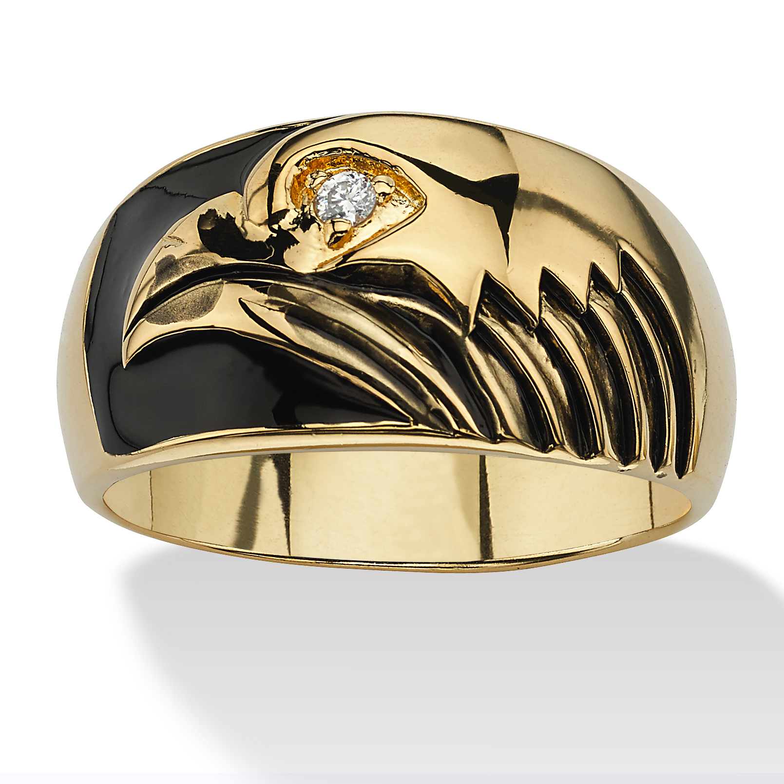 PalmBeach Jewelry Men's Round Cubic Zirconia Accent Yellow Gold-Plated Black Enamel-Finish American Eagle Ring