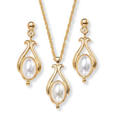 PalmBeach Jewelry Oval Pearl Drop Pendant Necklace and Earrings Set in Yellow Goldtone