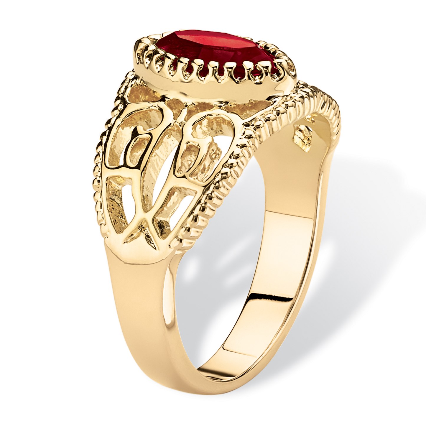 PalmBeach Jewelry Marquise-Cut Simulated Birthstone Filigree Ring in Gold-Plated Finish- July- Simulated Ruby