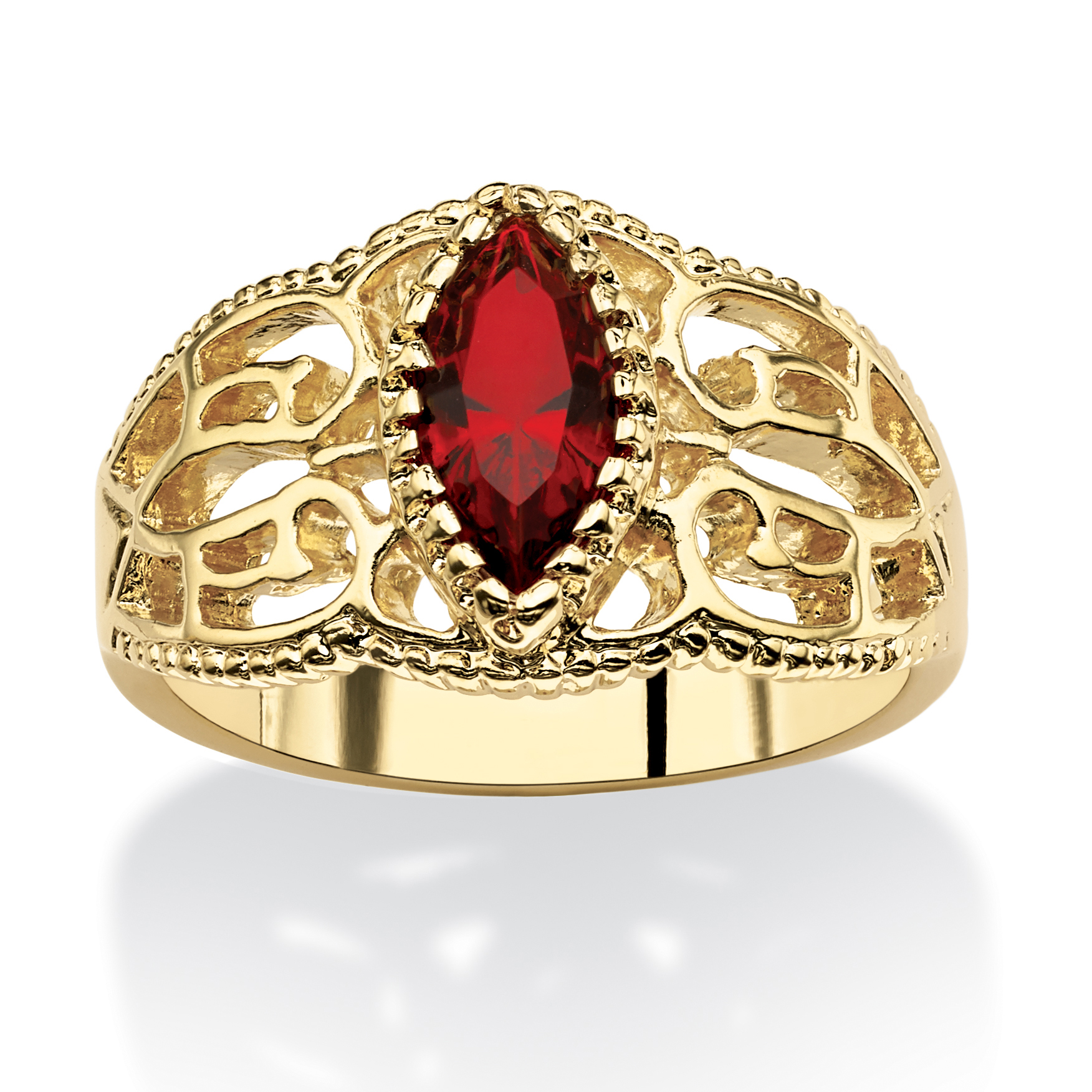 PalmBeach Jewelry Marquise-Cut Simulated Birthstone Filigree Ring in Gold-Plated Finish- July- Simulated Ruby