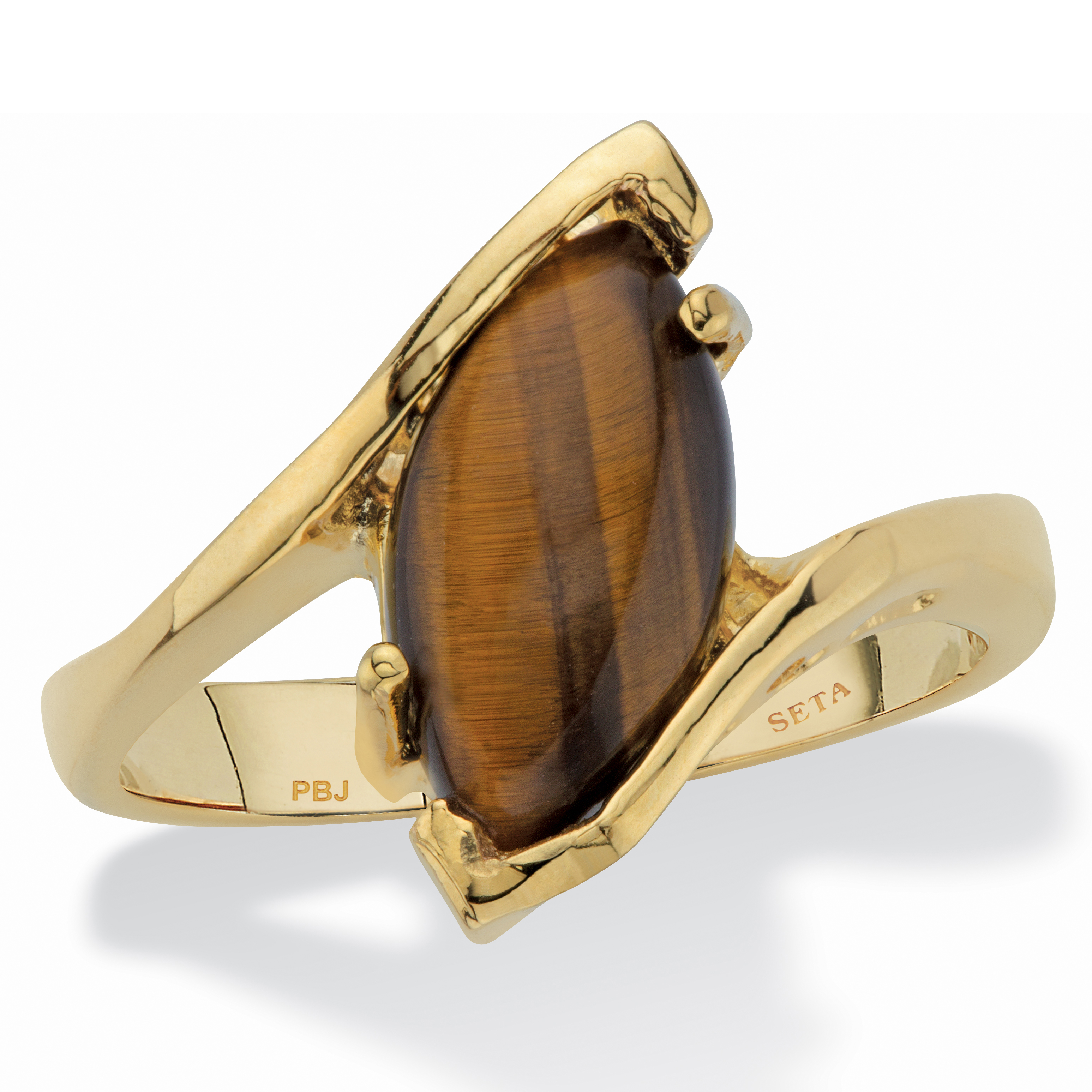 PalmBeach Jewelry Marquise-Shaped Genuine Tiger's-Eye Yellow Gold-Plated Cocktail Ring