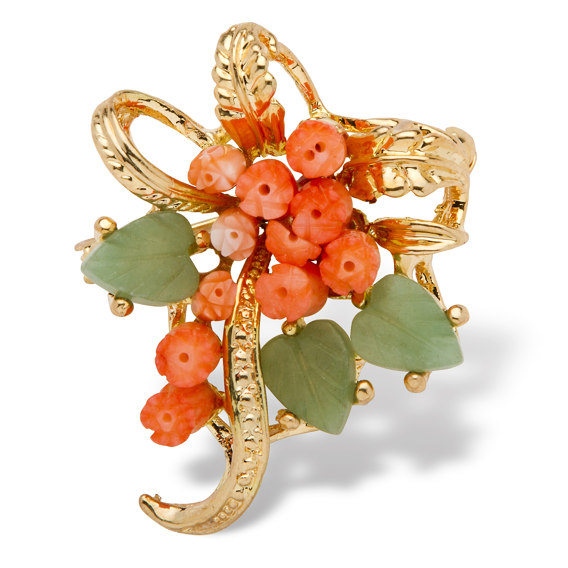 PalmBeach Jewelry Genuine Orange Coral and Green Agate Bouquet Pin in Goldtone