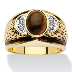 PalmBeach Jewelry Men's Oval-Shaped Genuine Tiger's Eye Crystal Accent Yellow Gold-Plated Antique-Finish Ring