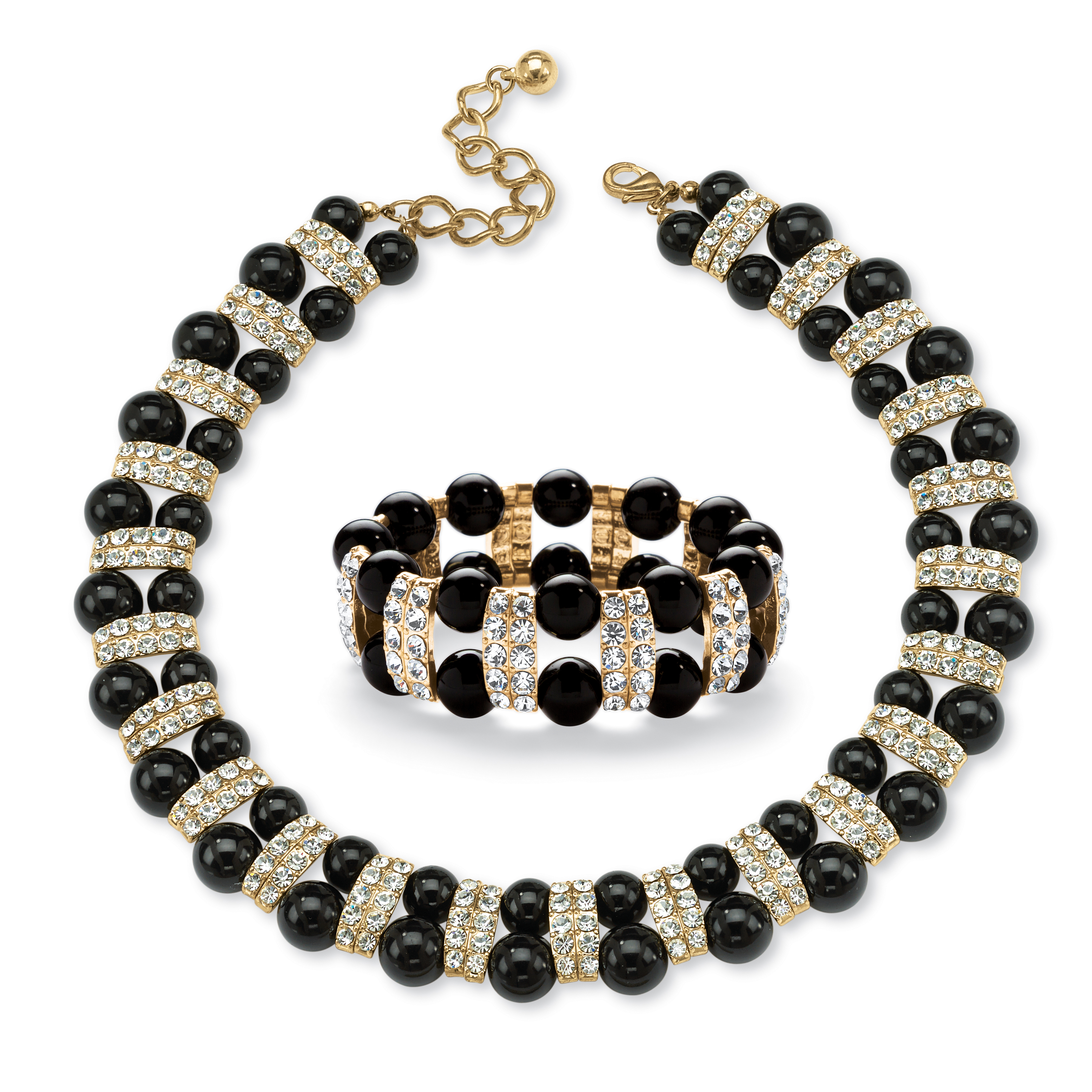 PalmBeach Jewelry 2 Piece Black Beaded Necklace and Bracelet Set in Yellow Gold Tone