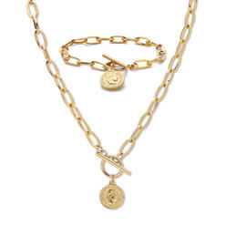 PalmBeach Jewelry 2 Piece Cable Link Coin Necklace Set Gold Ion Plated Stainless Steel