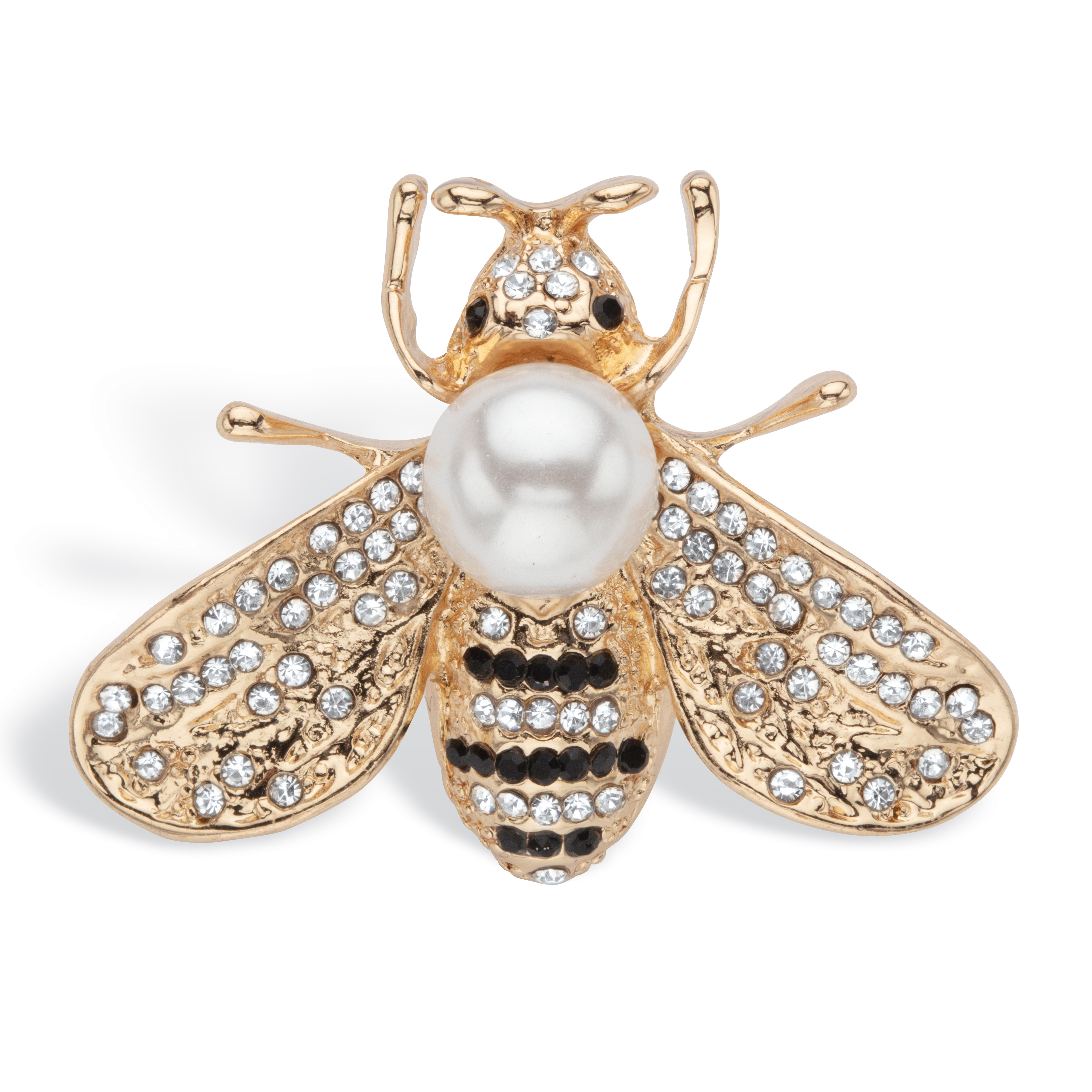 PalmBeach Jewelry Round Black and White Crystal Bee Pin With Simulated Pearl Goldtone 1 1/4" Length