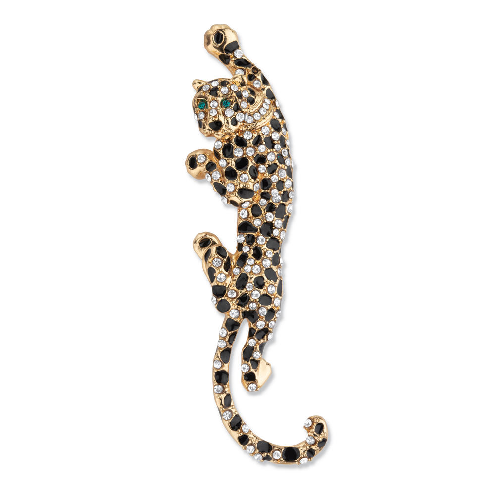 PalmBeach Jewelry Black With White and Green Crystal Leopard Pin Goldtone 4" Length