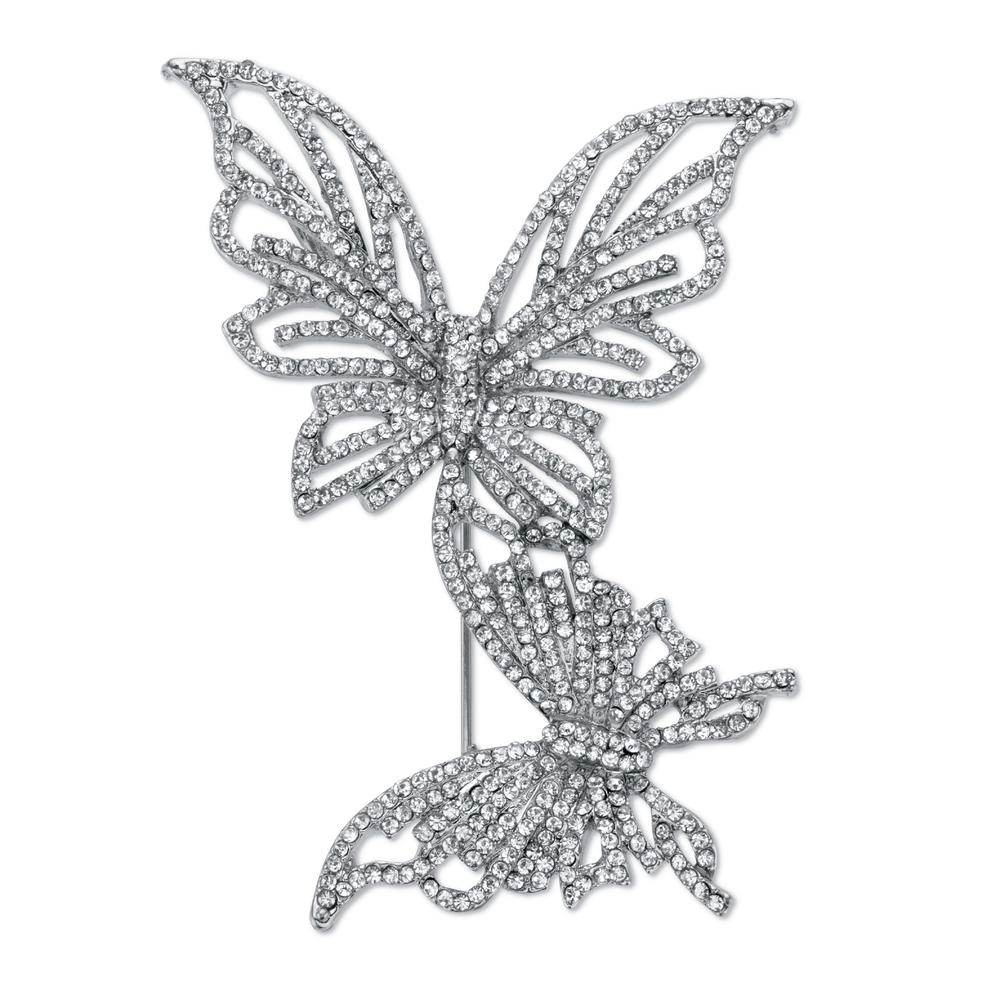 PalmBeach Jewelry Round White Crystal Butterfly Pin Silvertone 2 1/2" Length