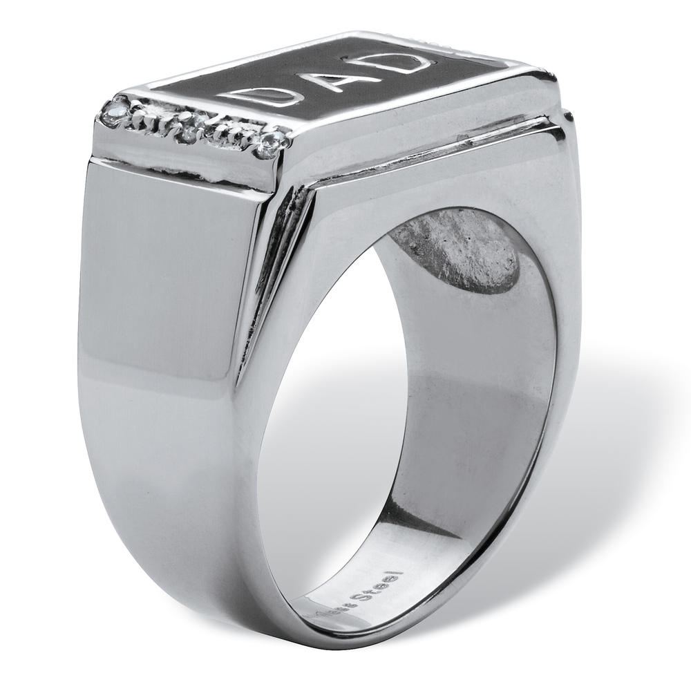 PalmBeach Jewelry Men's Round Crystal "Dad" Ring in Stainless Steel & Black Enamel