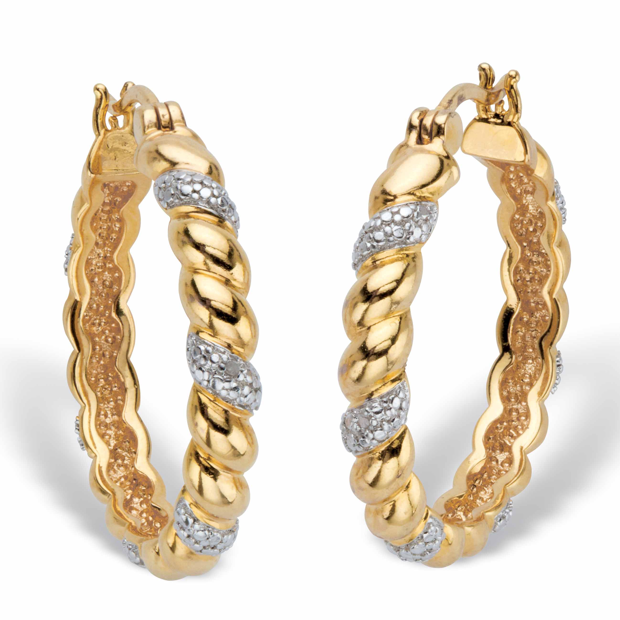 PalmBeach Jewelry Diamond Accent Two-Tone Banded Hoop Earrings Gold-Plated (31mm)