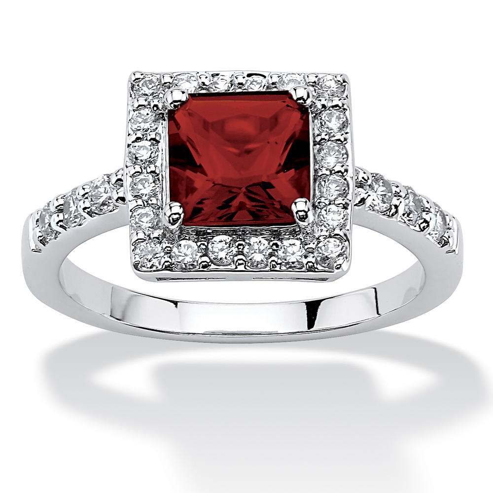 PalmBeach Jewelry Princess-Cut Simulated Birthstone Halo Ring in .925 Sterling Silver- January- Simulated Garnet
