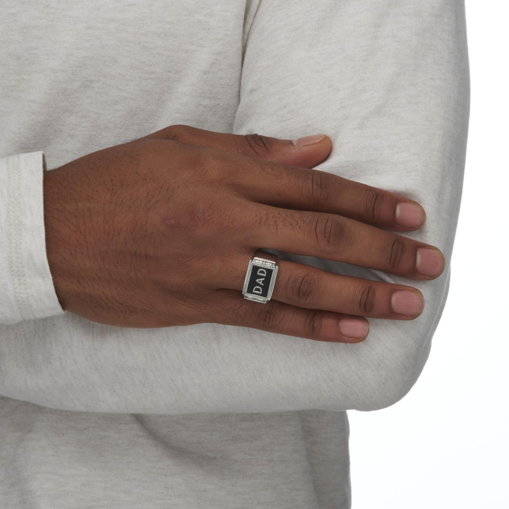 PalmBeach Jewelry Men's Round Crystal "Dad" Ring in Stainless Steel & Black Enamel
