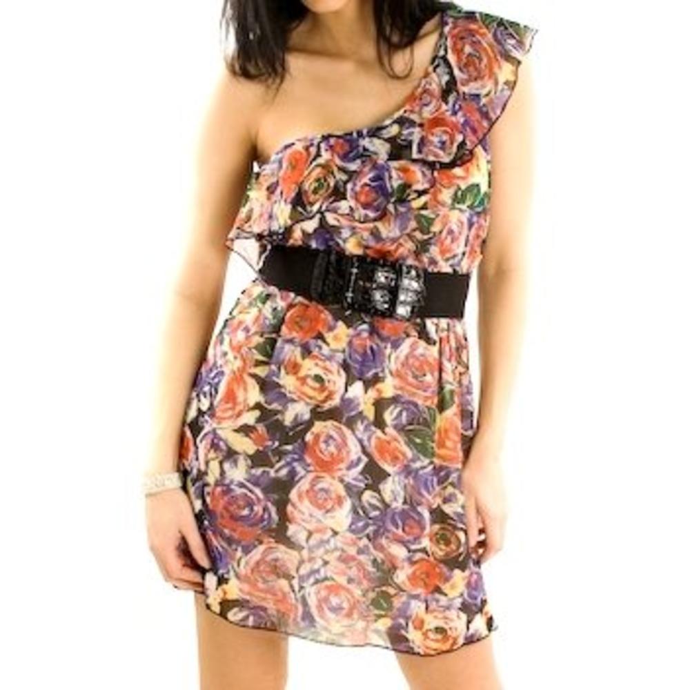 Star-Studded Inc FINAL SALE - NO RETURNS One Shoulder Floral Belted Ruffle Dress (free gift with purchase $10 value)