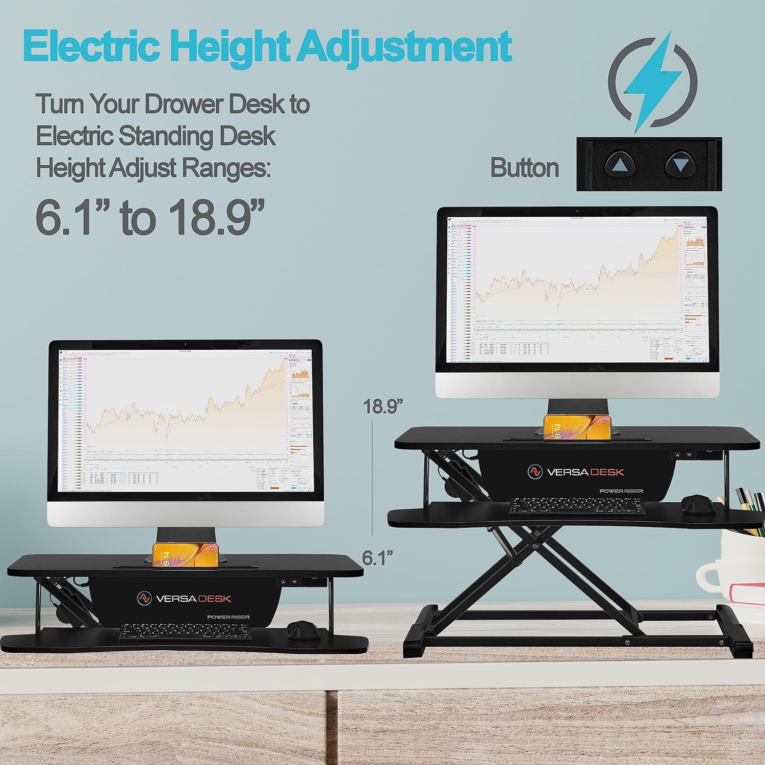 Versadesk Power Riser Standing Desk Converter, 32" Height Adjustable Desk Riser, Electric Dual Monitor Standup Desktop Converter
