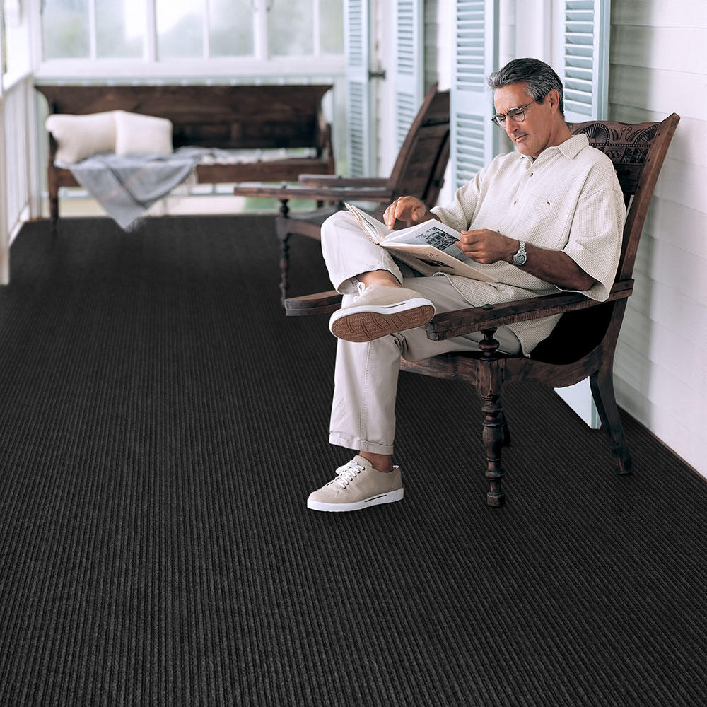 House, Home and More Indoor/Outdoor Double-Ribbed Carpet with Skid-Resistant Rubber Backing - Smokey Black 6' x 45'