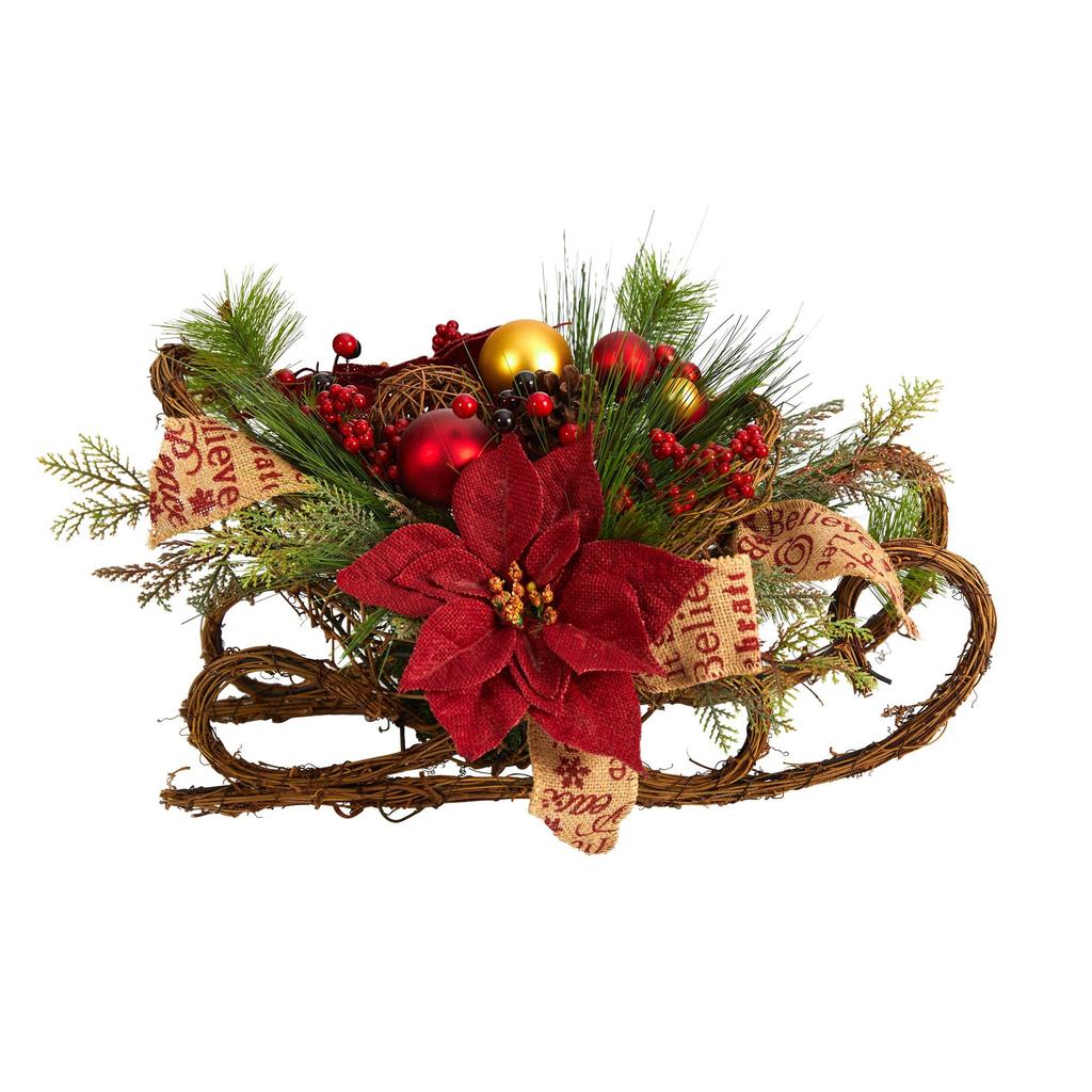 Nearly Natural A1859 18 in. Ornaments with Poinsettia&#44; Berries & Pinecone Artificial Arrangement In Christmas Sleigh