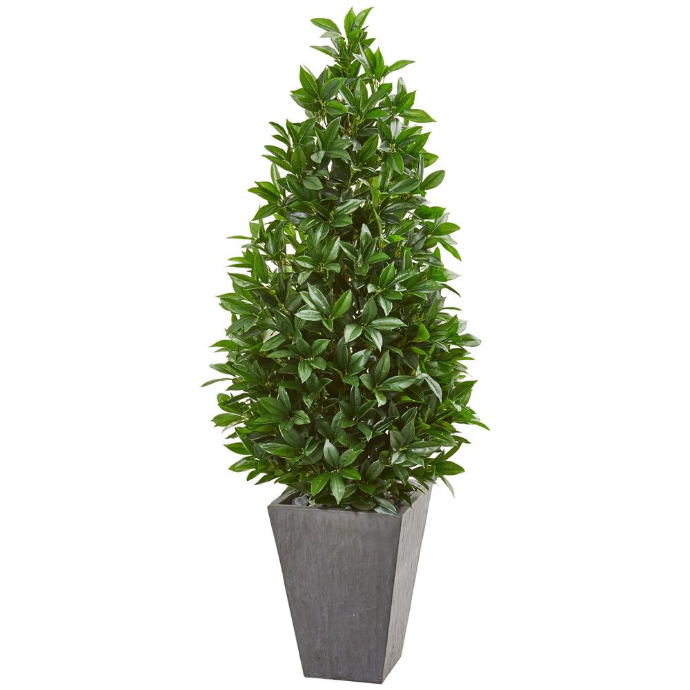 Nearly Natural 9369 57 in. Bay Leaf Cone Topiary Tree in Slate Planter