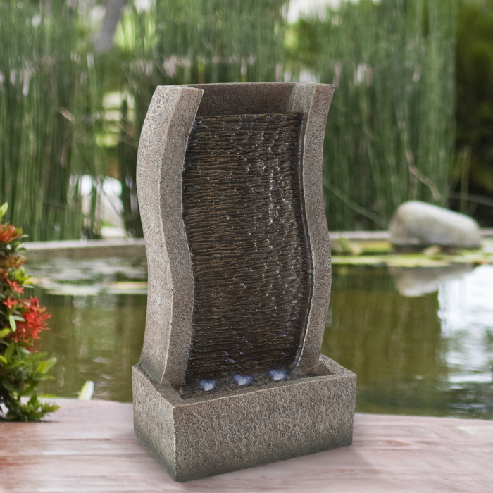 GrillGear Stone Wall Standing Fountain-Polyresin Waterfall With LED Lights-Outdoor Decorative Water