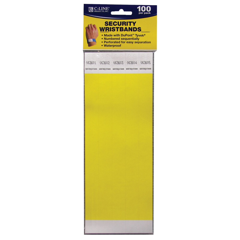 C-Line Products CLI89106-2 Dupont Tyvek Yellow Security Wristbands - 100 Per Pack - Pack of 2