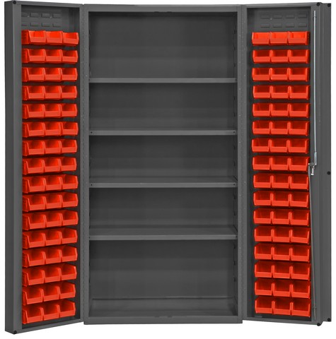 GourmetGalley 14 Gauge Heavy Duty Lockable Cabinet with 96 Red Hook on Bins & 4 Adjustable Shelves&#44; Gray - 36 x 24 x 72 in.