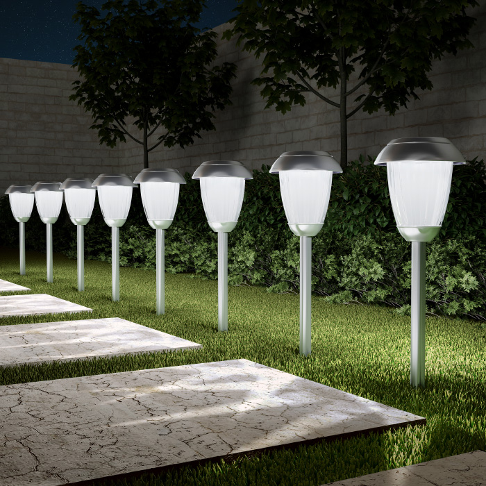 Pure Garden 50-LG1059 16 in. Solar Path Tall Stainless Steel Outdoor Stake Lighting for Garden - Gunmetal - Set of 8