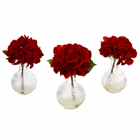 Nearly Natural 4895-S3 Red Hydrangea With Glass Vase - Set of 3
