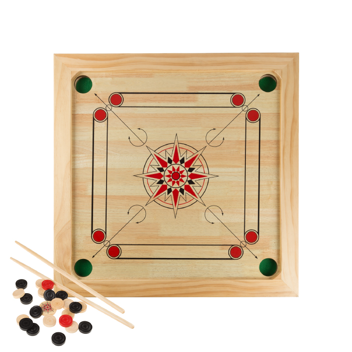 Hey! Play! 80-CROK Carrom Board Game Classic Strike & Pocket Table Game with Cue Sticks