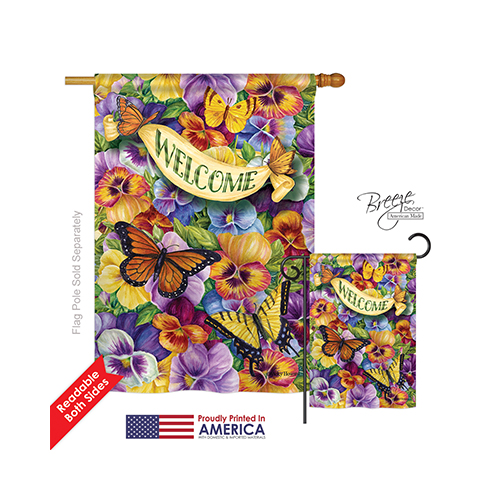 Breeze Decor 04082 Floral Pansies with Butterflies 2-Sided Vertical Impression House Flag - 28 x 40 in.