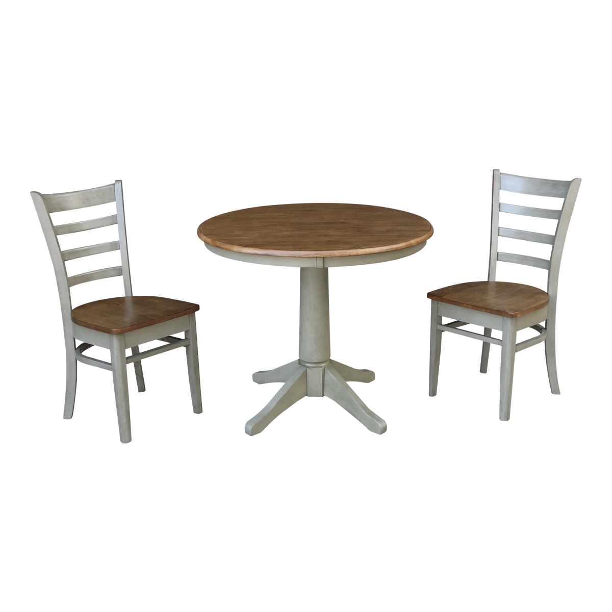 International Concepts K41-36RT-27B-C617P 36 in. Round Top Pedestal Table with 2 Emily Chairs&#44; Hickory & Stone - Set of 3