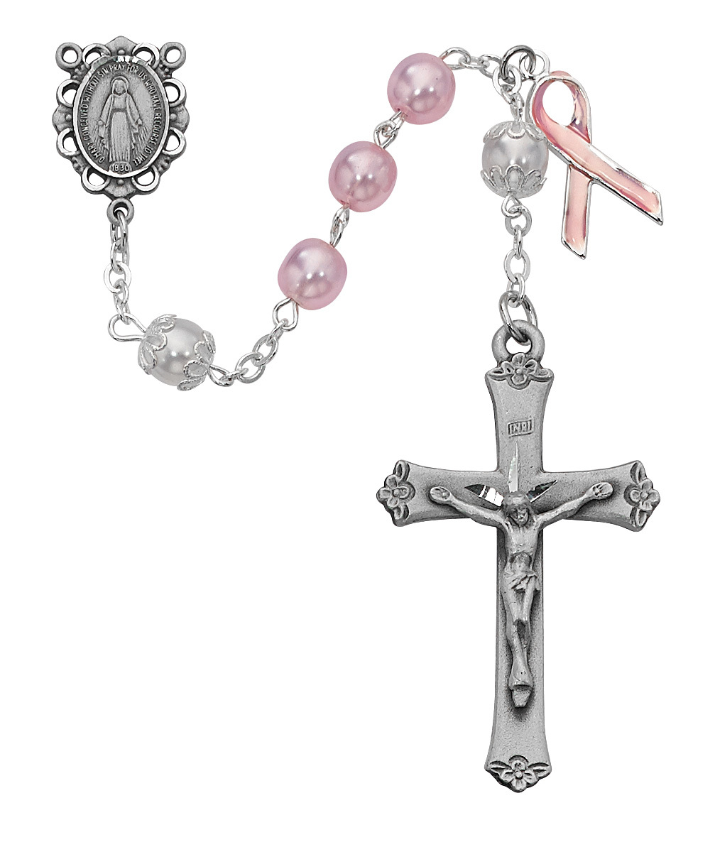 McVan 791SF 7 mm Pearl Like Cancer Cross Rosary Set - Pink & White