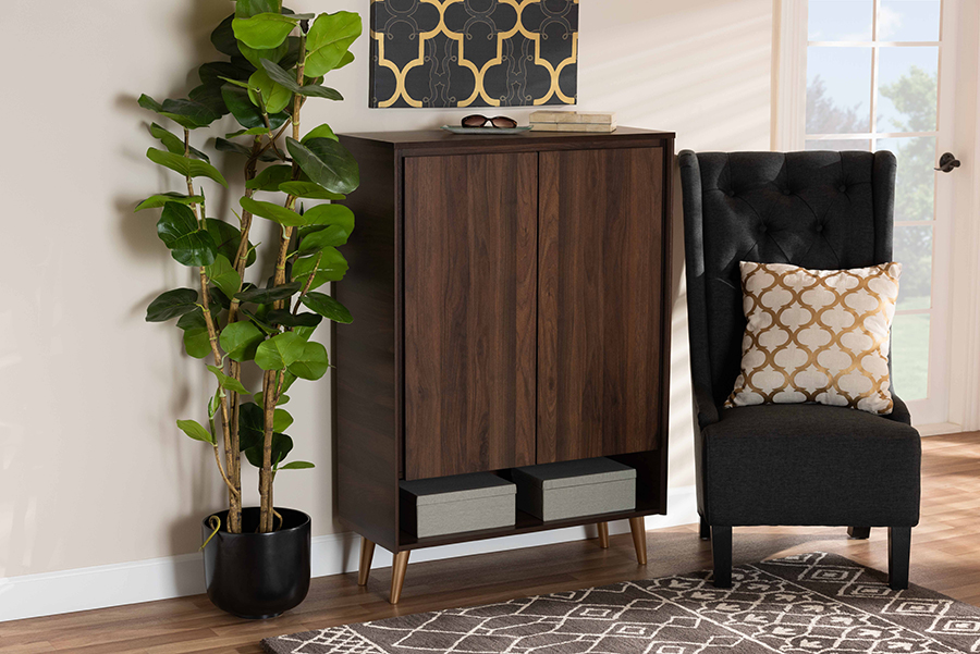 Mobiliario LV10SC10151WI-Columbia-Gold-Shoe Cabinet Baxton Studio Landen Mid-Century Modern Walnut Brown & Gold Finished Wood Entryway Shoe