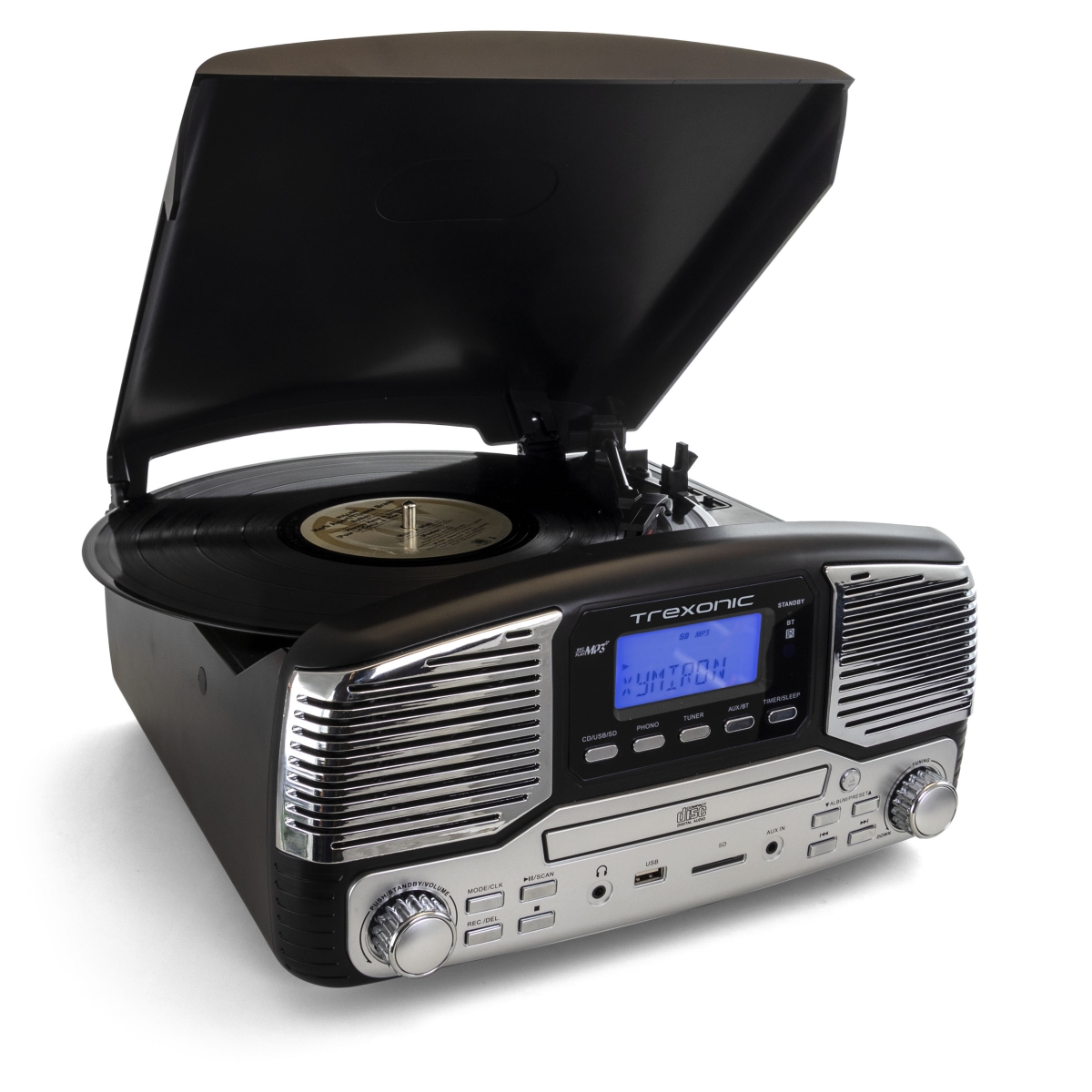 Trexonic TRX-16BLK Retro Wireless Bluetooth&#44; Record & CD Player in Black