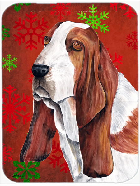 Caroline's Treasures SC9412LCB Basset Hound Red And Green Snowflakes Christmas Glass Cutting Board - Large