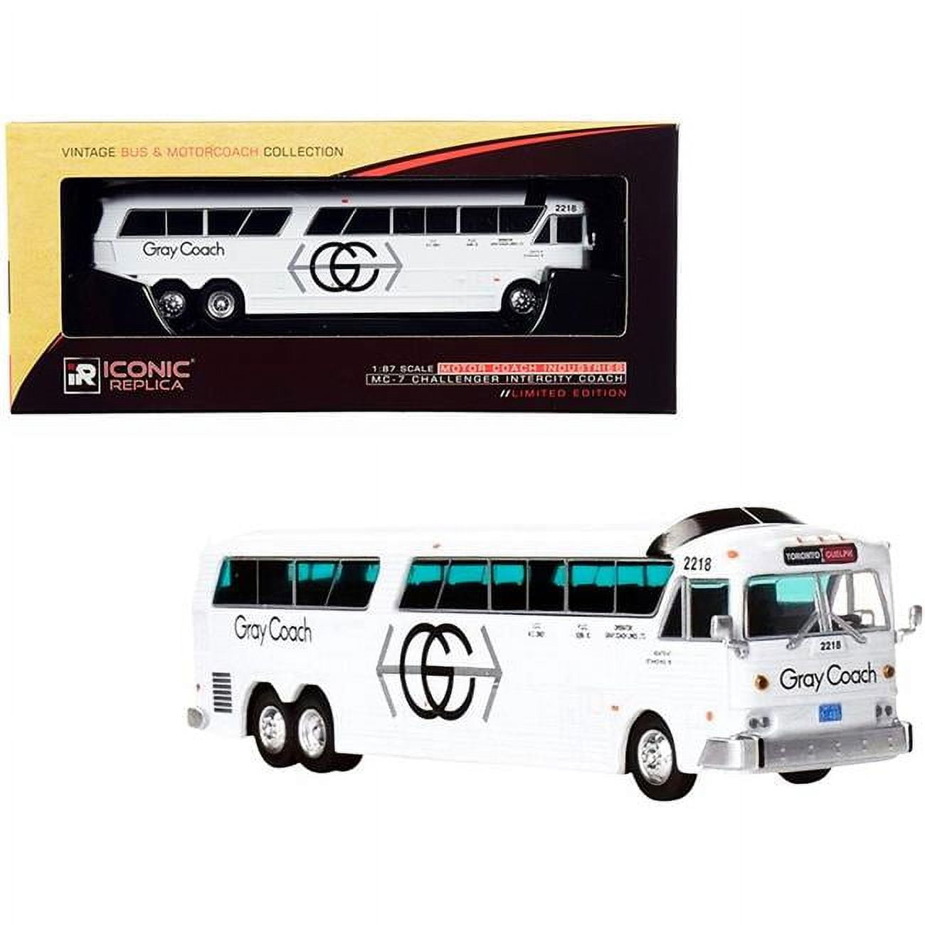 Iconic Replicas 87-0270 1-87 HO Diecast Model for MCI MC-7 Challenger Intercity Coach Bus White Gray Coach Toronto - Guelph Vintage Bus & Motorc