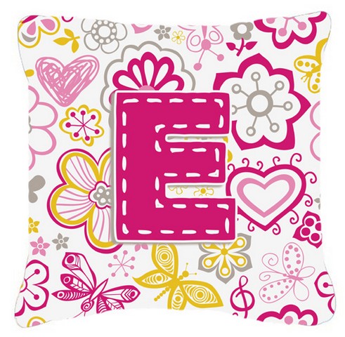 Caroline's Treasures CJ2005-EPW1818 Letter E Flowers And Butterflies Pink Canvas Fabric Decorative Pillow