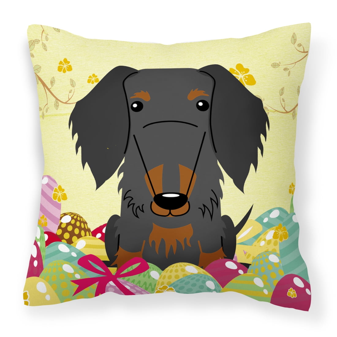 Caroline's Treasures BB6127PW1414 Easter Eggs Wire Haired Dachshund Black Tan Fabric Decorative Pillow