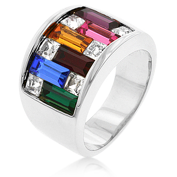 kate bissett R05339R-V02-05 Dark Multi-Color Alternated Princess and Bagat Shaped Crystal Rhodium Plated Ring - Size 5