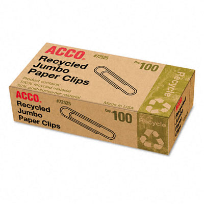 Acco 72525 Recycled Paper Clips  Jumbo  100 per Box  10 Boxes Pack