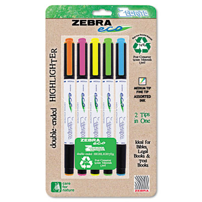 Zebra 75005 Eco Zebrite Double-Ended Highlighters  Chisel/Fine Point  BE GN PK OE YW  5/PK