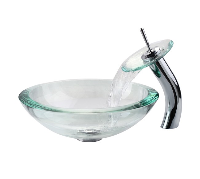 Daniel Kraus Kraus C-GV-150-19mm-10CH 34 mm Thick Glass Vessel Sink with Waterfall Faucet, Clear - Chrome