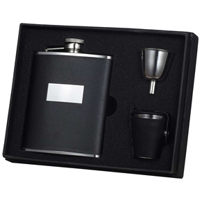 BakeBetter Ontario Black Leather 6 oz Deluxe Flask Gift Set with 3 Shot Cups