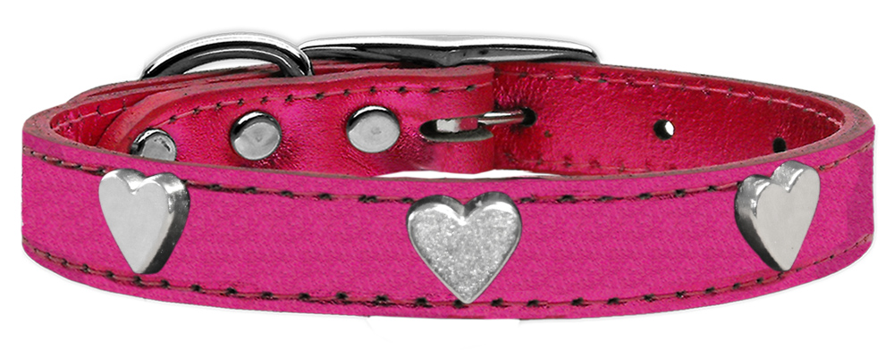 Mirage Pet Products 83-79 PkM20 Silver Heart Widget Genuine Metallic Leather Dog Collar - Pink&#44; Size 20