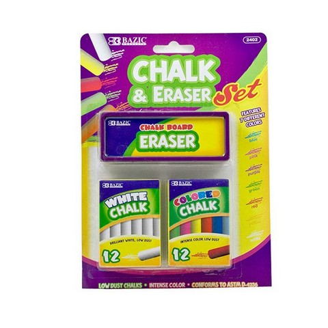 Bazic Products Bazic 2402  12 Color &amp; 12 White Chalk w/ Eraser Set Pack of 24