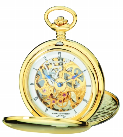 Charles-Hubert 3904-G Polished Finish Gold-Plated Stainless Steel Double Cover Mechanical Pocket Watch